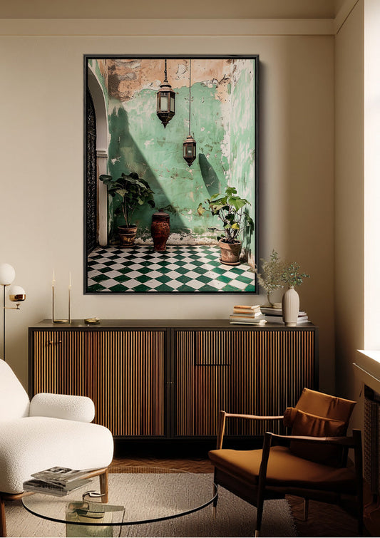 Mediterraanse binnenplaats canvas schilderij aan de muur in de slaapkamer