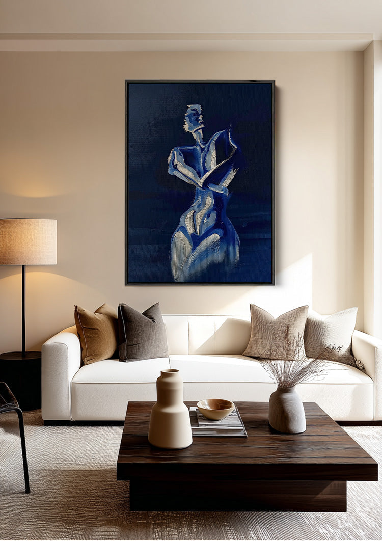 Elegant Female Figure in Deep Blue Expressive Nocturnal Painting