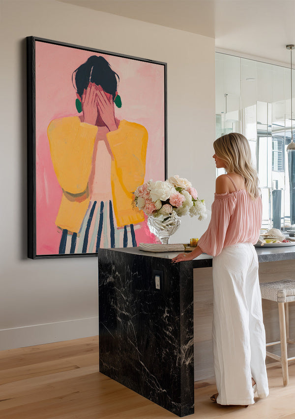 Woman Hidden Face Yellow Sweater Pink Background Painting