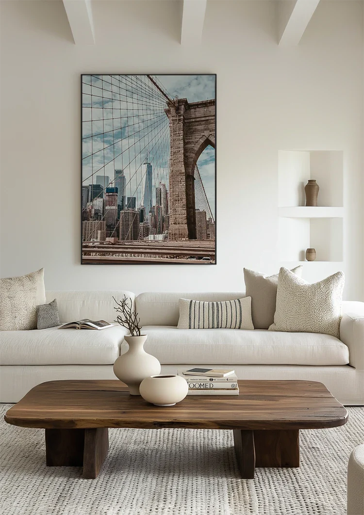 New York Skyline through Brooklyn Bridge Cables Cityscape Painting
