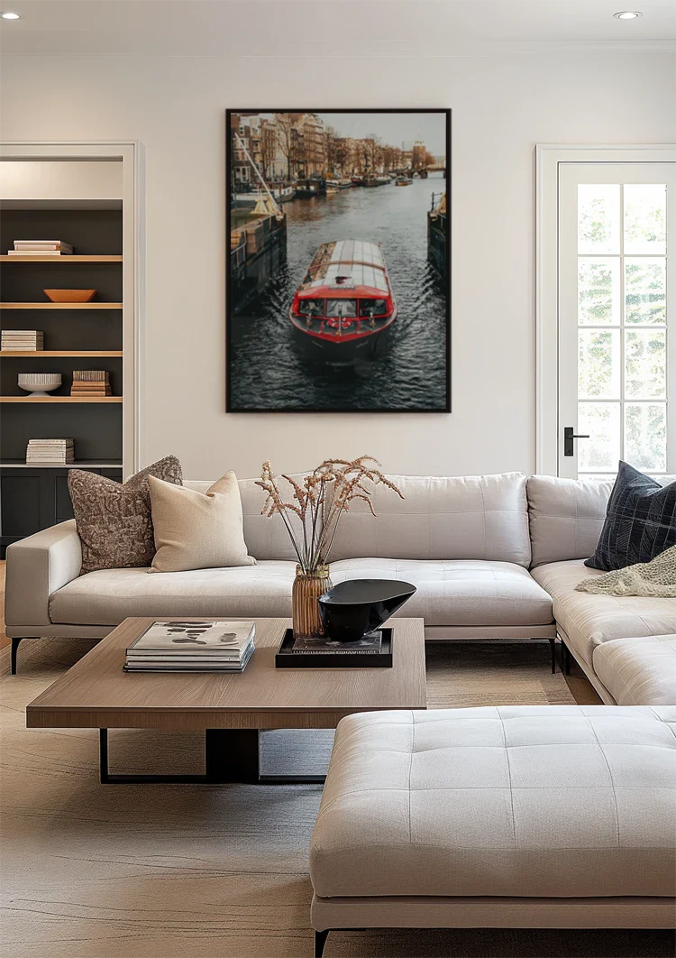 Amsterdamer Grachtenboot Rotes Glasdach Historische Gebäude Gemälde