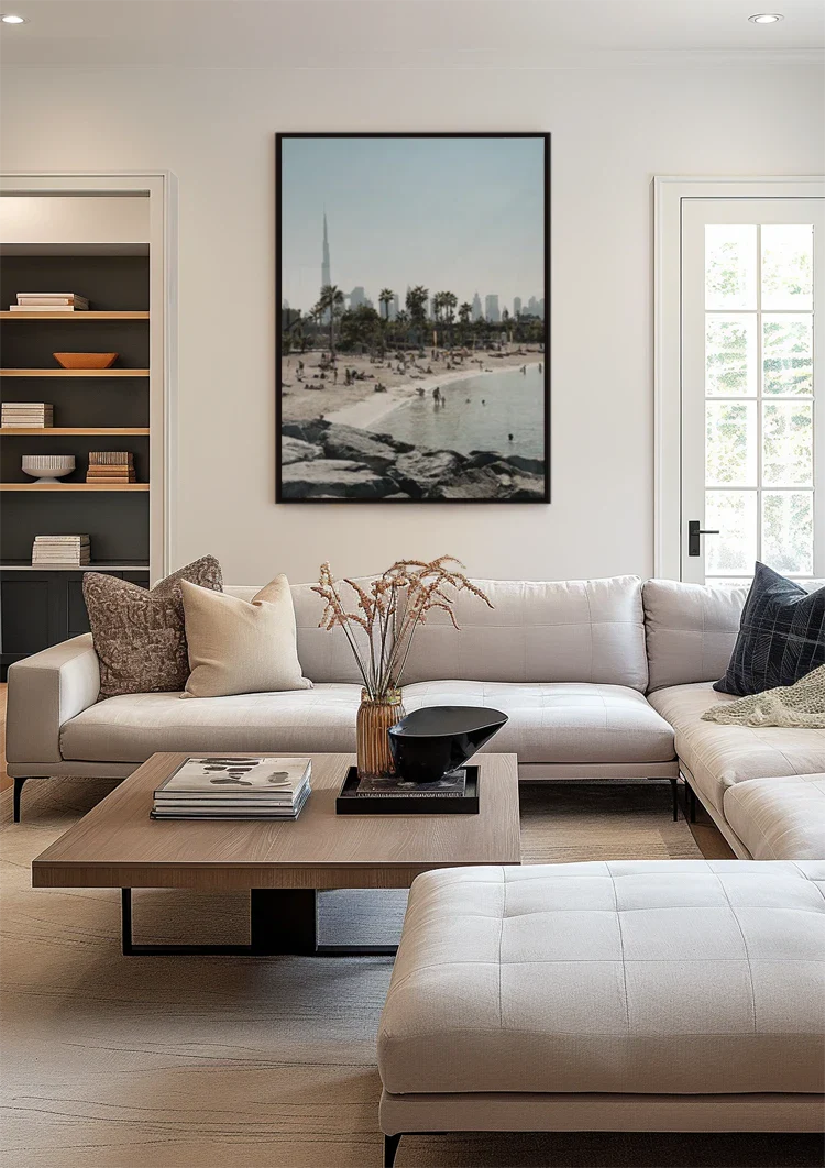 Dubai Beach Skyline Burj Khalifa Palm Trees People Waterfront Painting