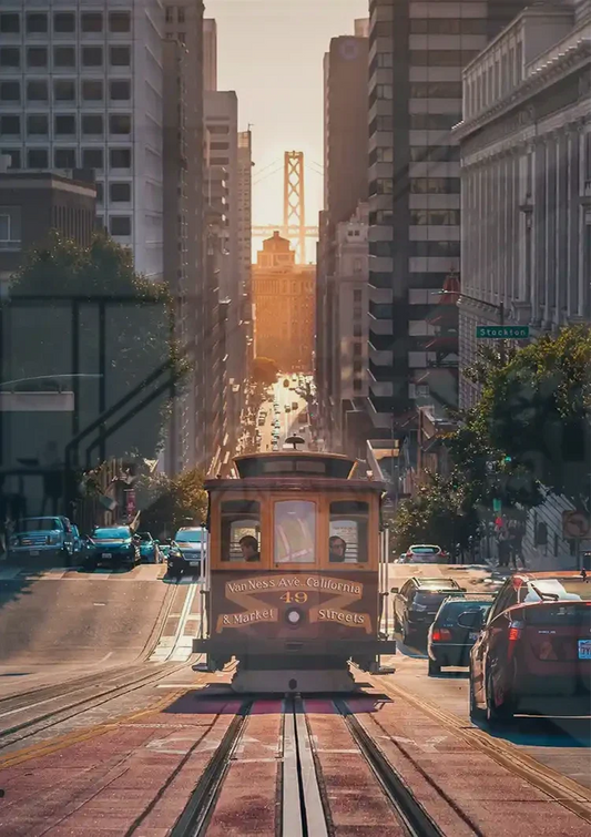Tramwaj linowy San Francisco obraz na płótnie nad łóżkiem w sypialni.