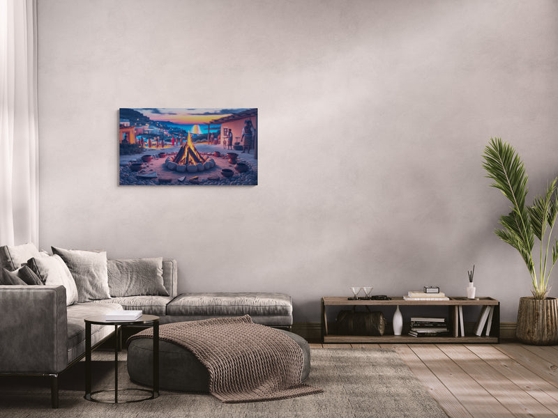 Kampvuur aan zee bij zonsondergang met mensen die samenkomen - Canvas Wall Art