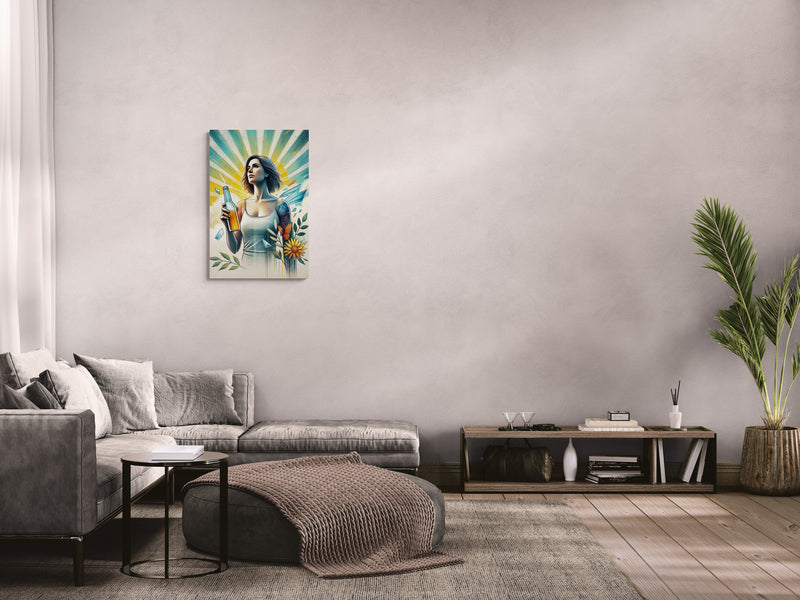 Moderne vrouw met zonnestralen en natuurelementen - Canvas wandkunst