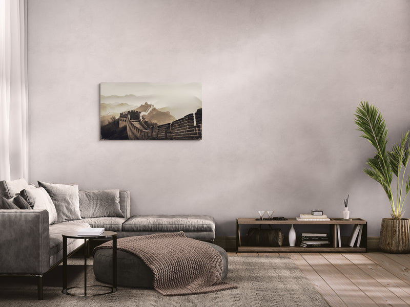 Landschap van de Chinese Muur met glooiende heuvels in sepiatint – Canvas wanddecoratie