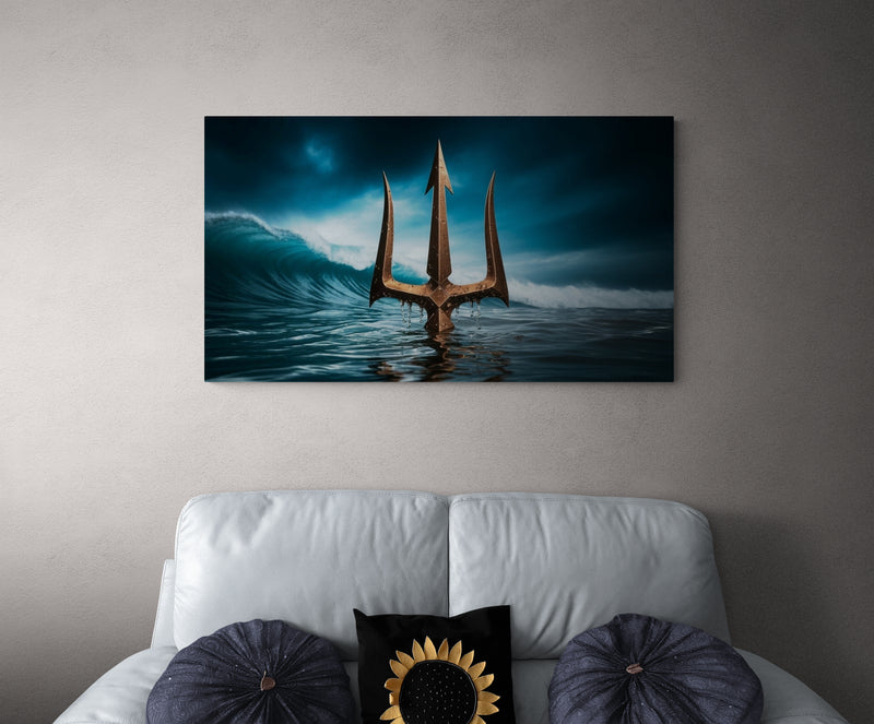 Oceaan drietand die uit het water opduikt met stormachtige lucht - Canvas wandkunst