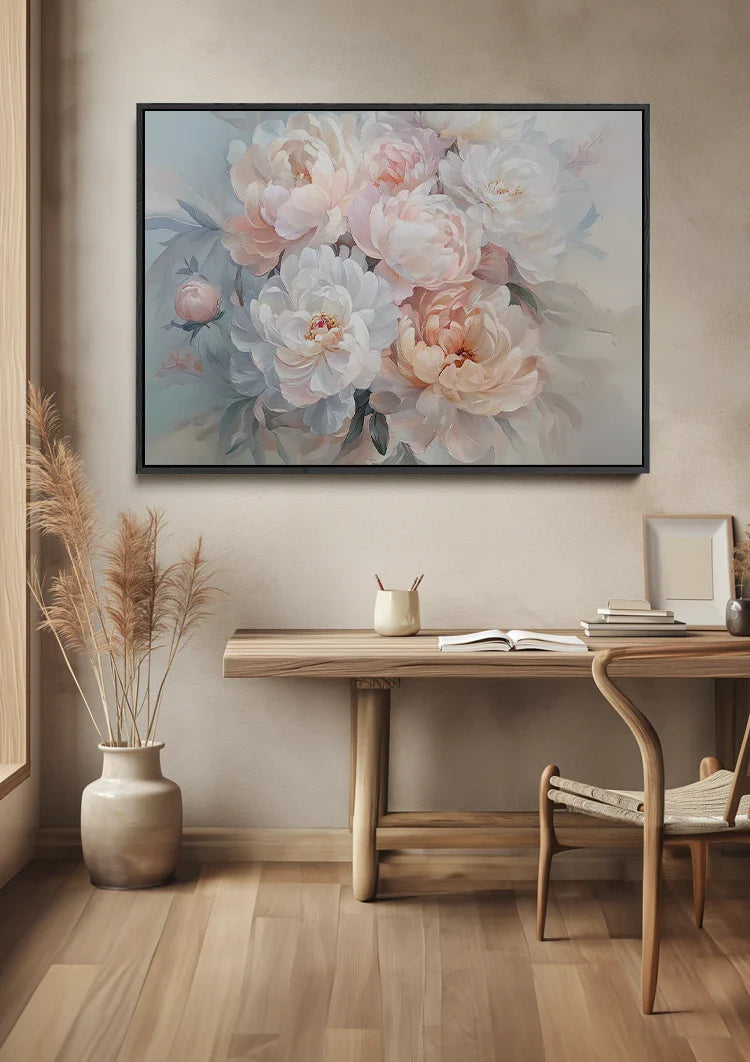 Soft White Peach Peonies Dreamy Floral Elegant Painting