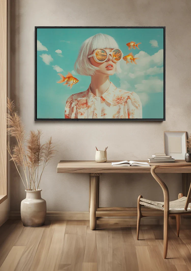 Woman with Sunglasses and Goldfish Surreal Dreamy Portrait Painting