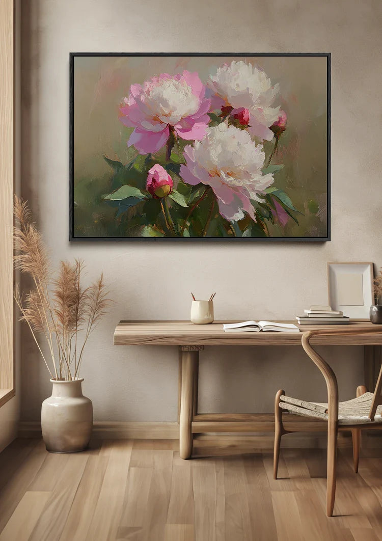 Lush Pink White Peonies Flowers Still Life Painting