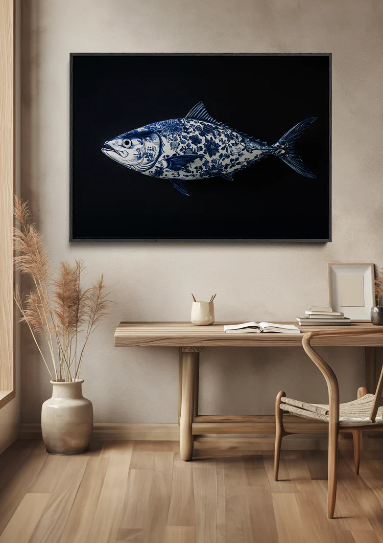 Delftblaues Fischporzellanmuster Schwarzer Hintergrund Gemälde