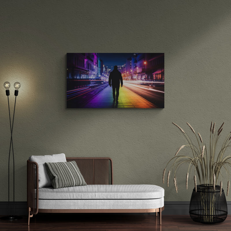 Man loopt 's nachts op een neonkleurige stadsstraat – Canvas wandkunst