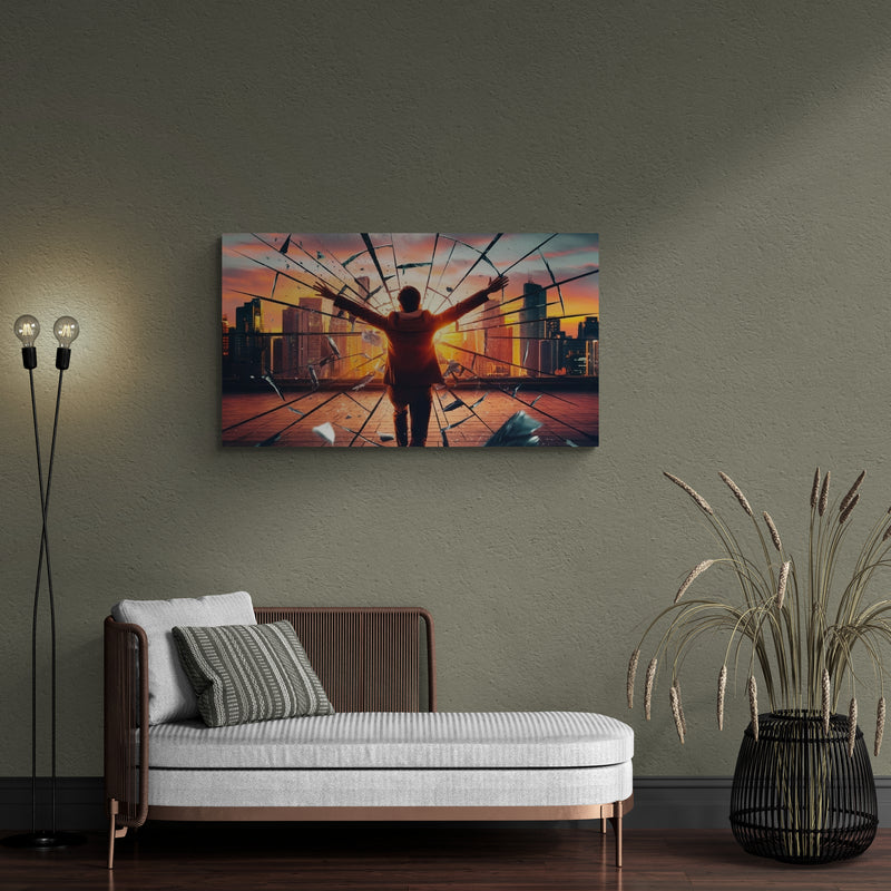 Stadsgezicht met brekend glas en silhouet van zonsondergang – Canvas wandkunst