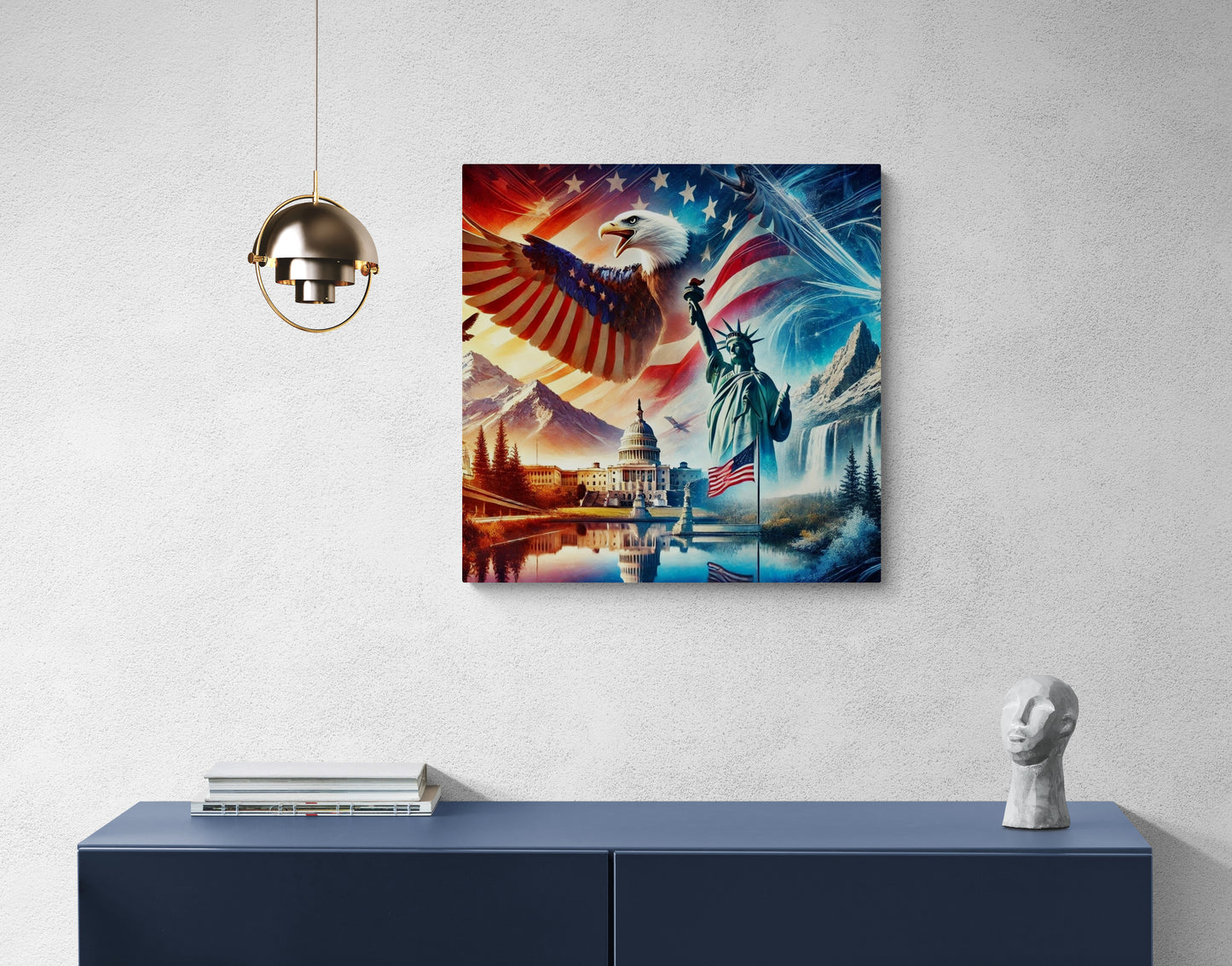 Surrealistische Amerikaanse symbolen en natuurcollage in fantasielandschap – Canvas wandkunst