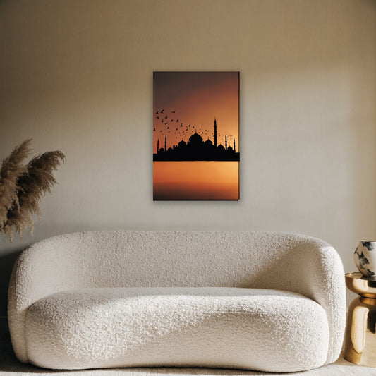 Moskee bij zonsondergang canvas schilderij aan de muur boven de bank in de woonkamer