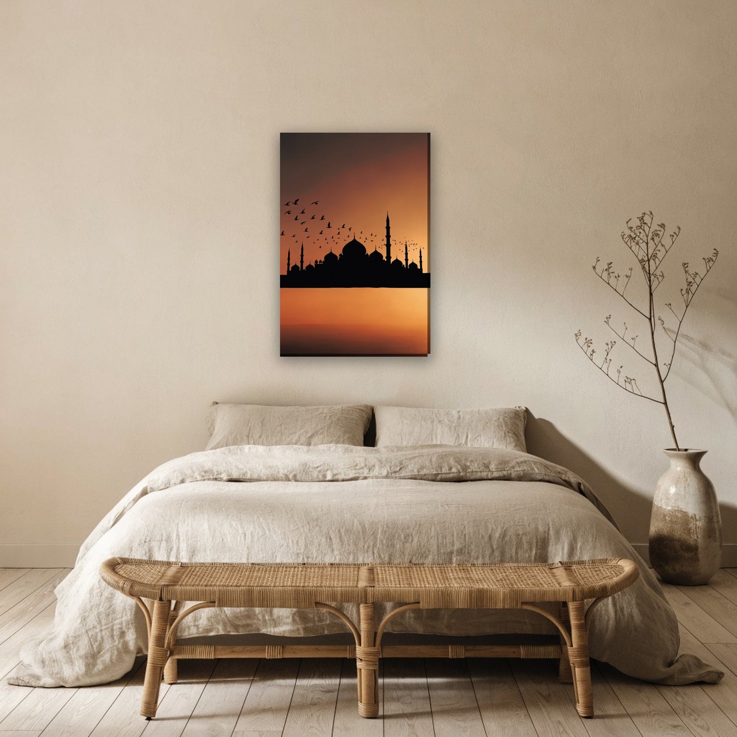 Moskee bij zonsondergang canvas schilderij aan de muur boven het bed in de slaapkamer