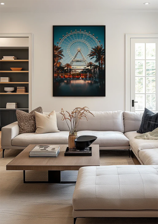 Beleuchtetes Riesenrad Palmen Abenddämmerung Spiegelung Gemälde