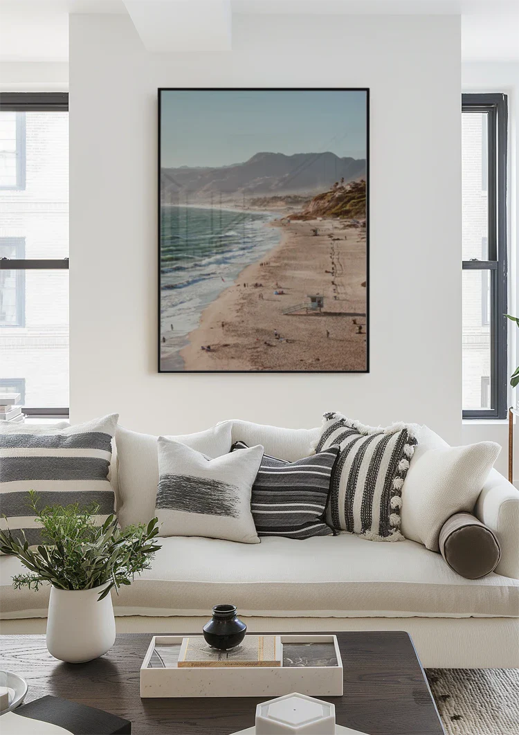 Coastline Sandy beach Mountains Sea Sunny Landscape Painting