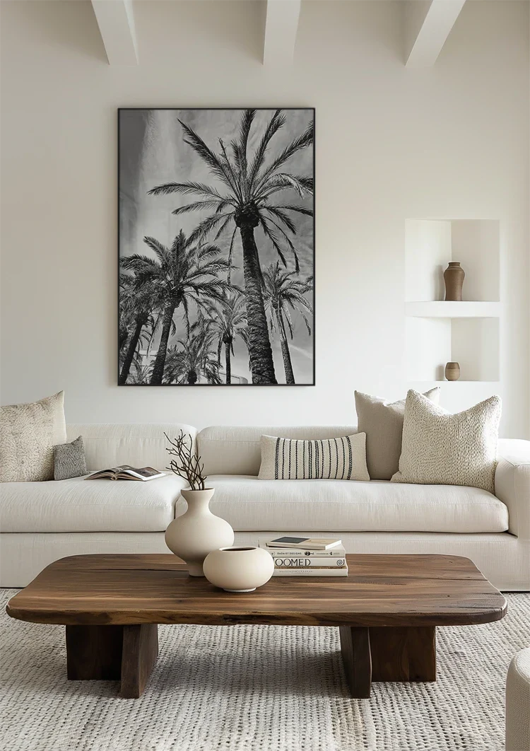 Tall Palm Trees Black White Photography Style Tropical Nature Painting