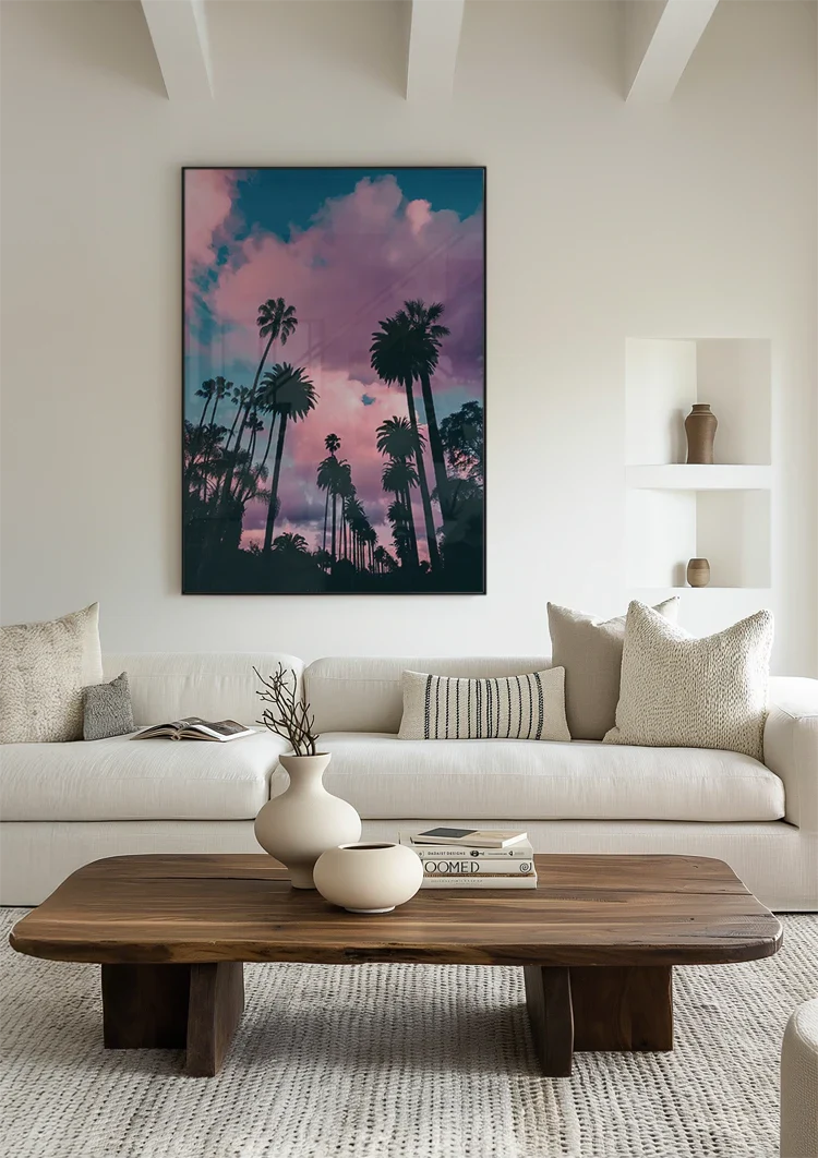 Palm Trees Against Pink Purple Cloud Sky Tropical Sunset Painting