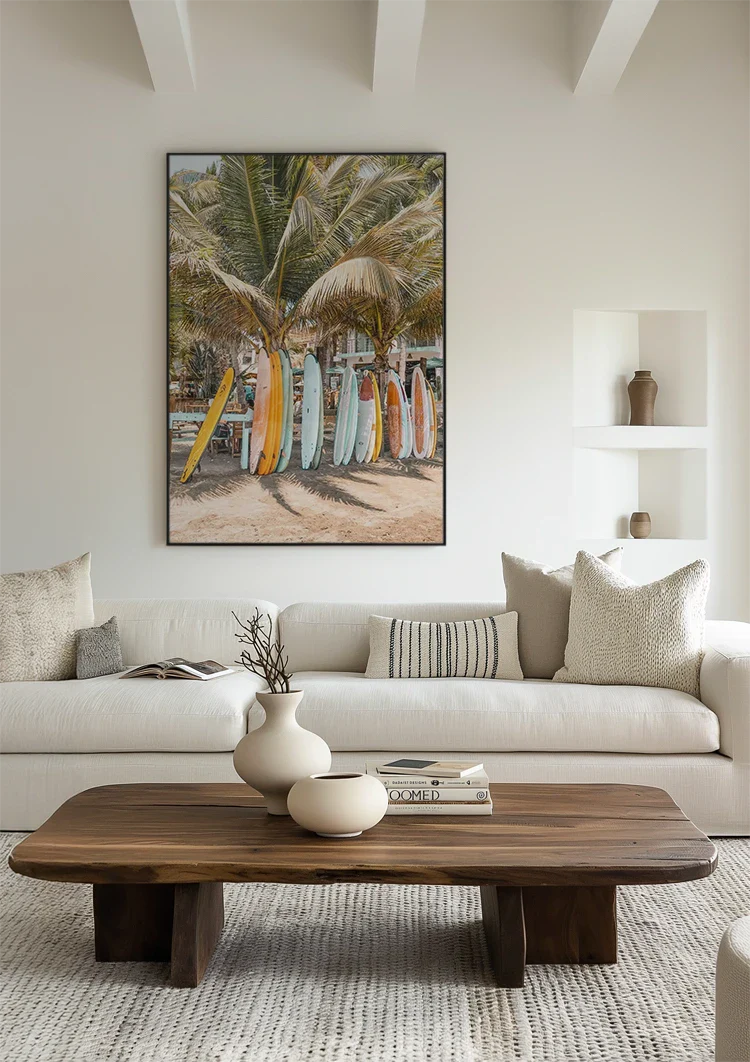 Kleurrijke Surfplanken Palmboom Tropisch Strand Schilderij