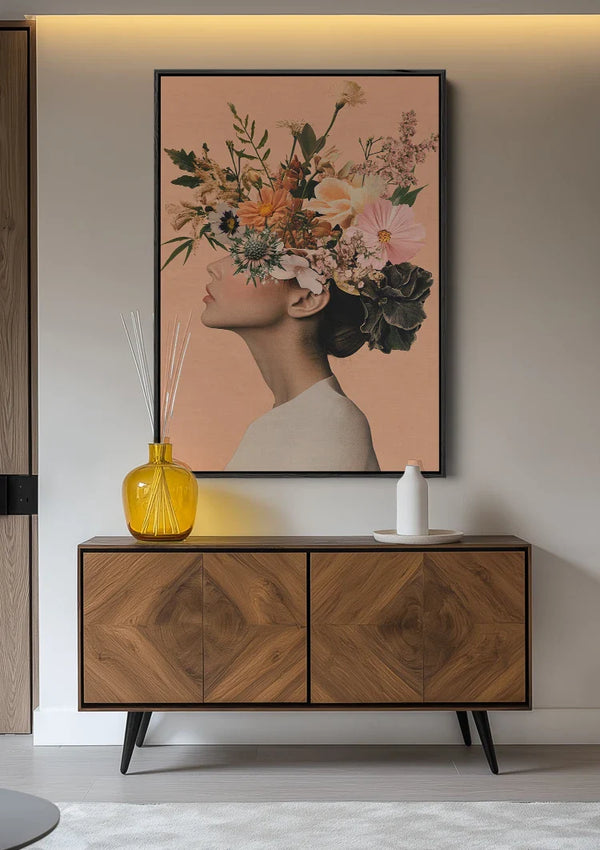 Woman Side View Lush Flowers on Head Surreal Composition Painting