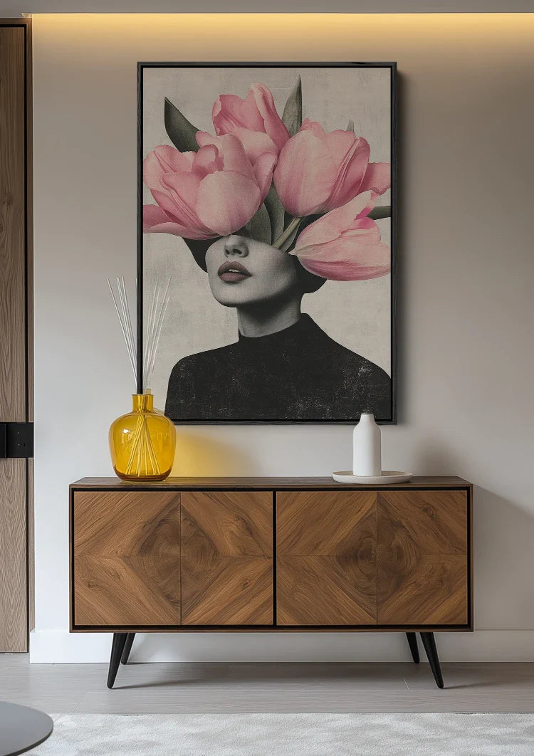 Woman Pink Tulip Head Surreal Portrait Painting