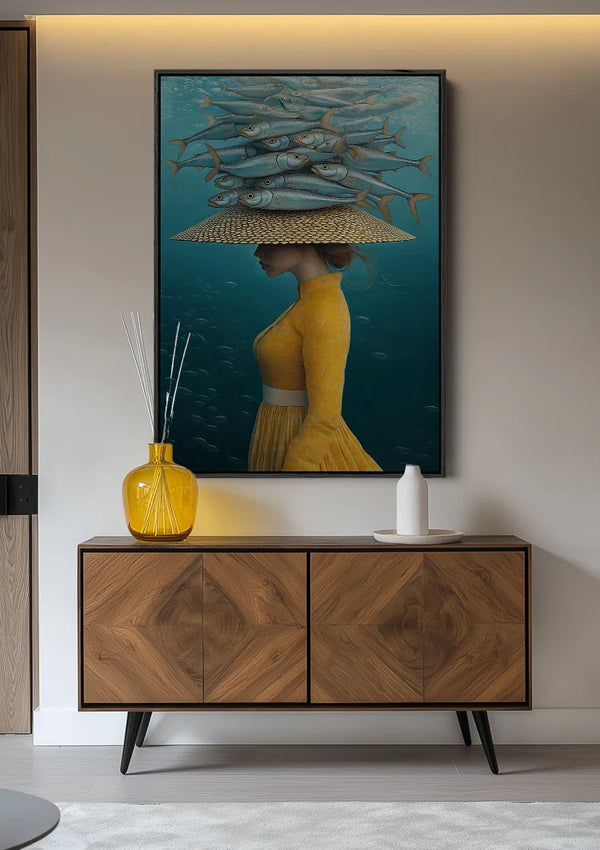 Woman Yellow Dress Fish School Underwater Surreal Painting