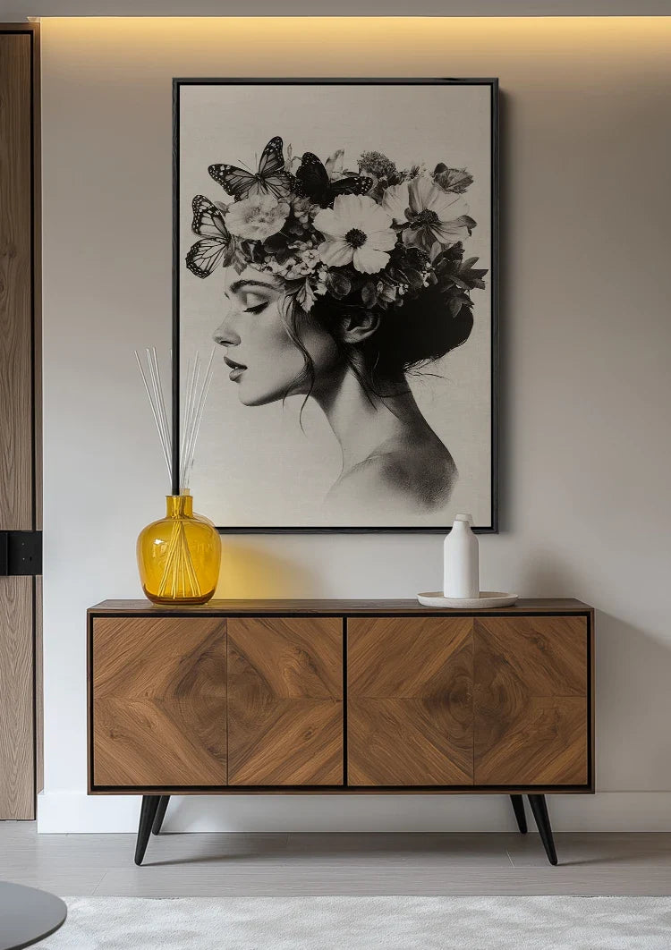 Woman with Butterflies and Flowers Black and White Botanical Portrait Painting