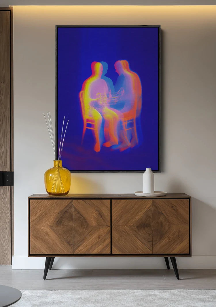 Two Glowing Silhouettes Neon Colors Abstract Dark Blue Painting