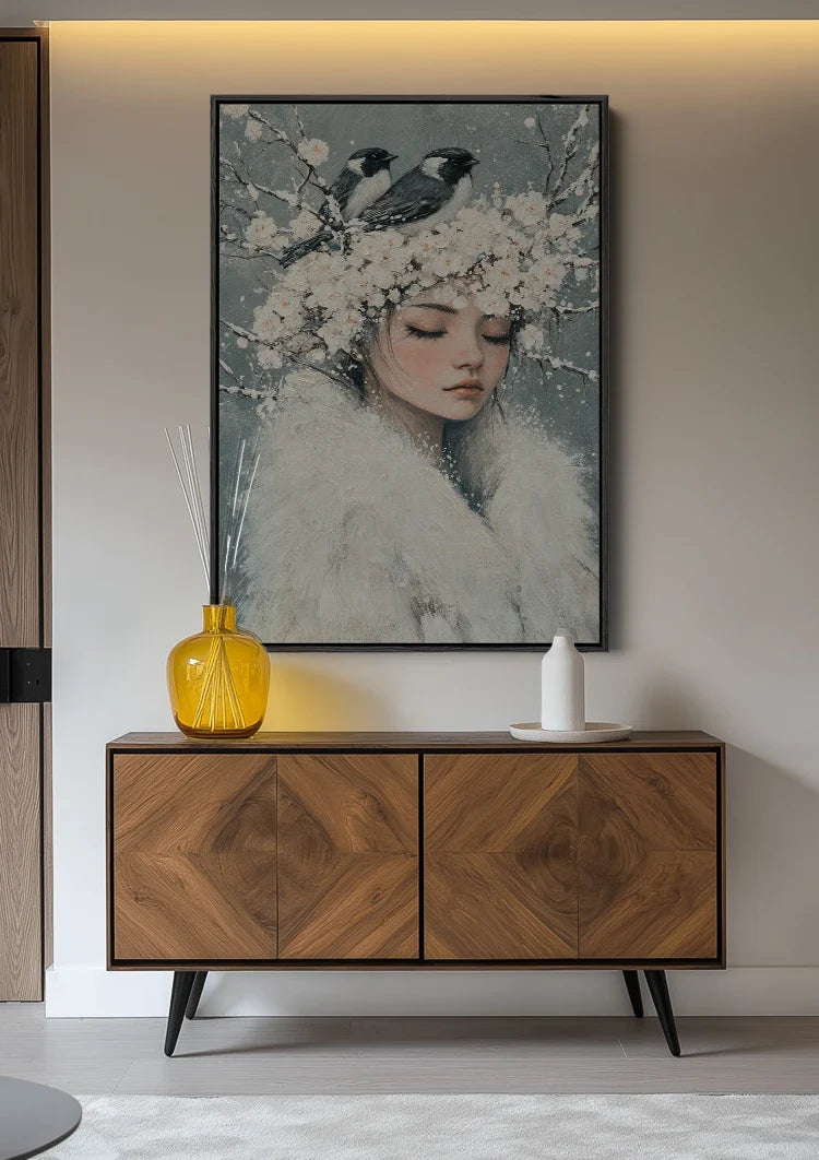 Sneeuwkoningin met Vogels Witte Bloemen Etherisch Portret Schilderij