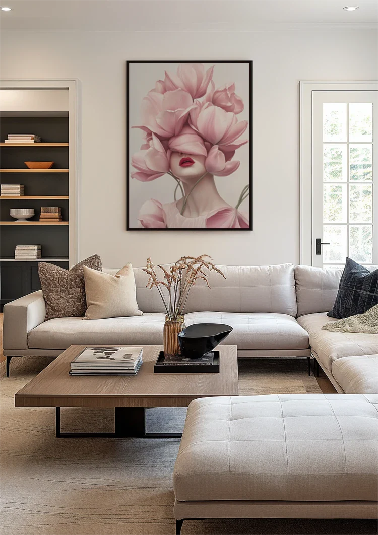 Woman with Pink Tulips Soft Floral Elegant Portrait Painting