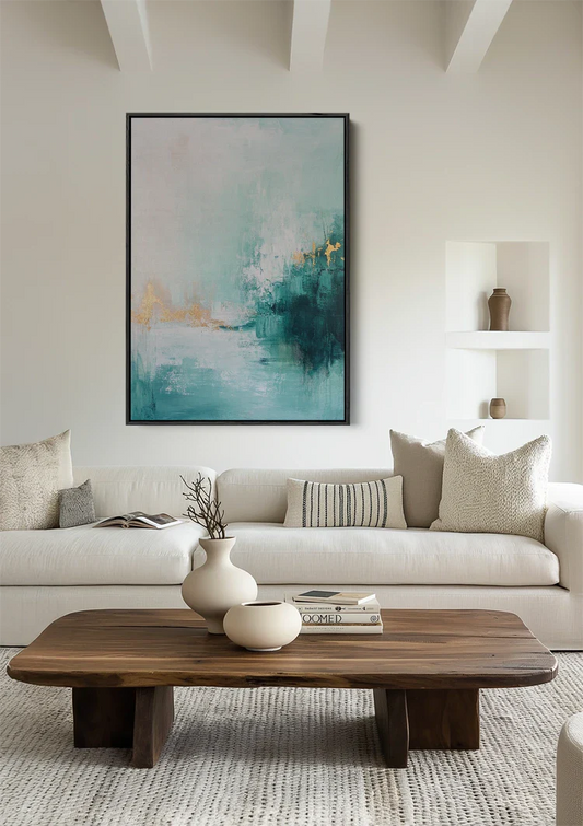 Abstract Turquoise White Golden Accents Serene Minimalist Painting