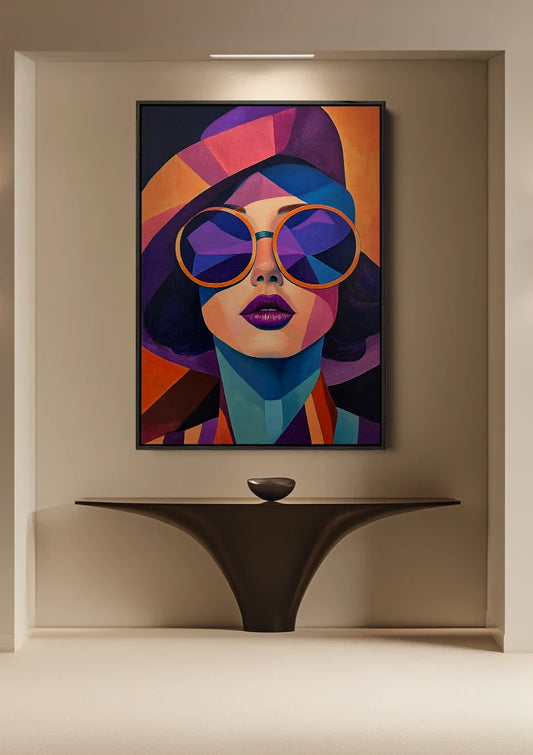 Geometrisches Gesicht Leinwandbild über dem Bett im Schlafzimmer