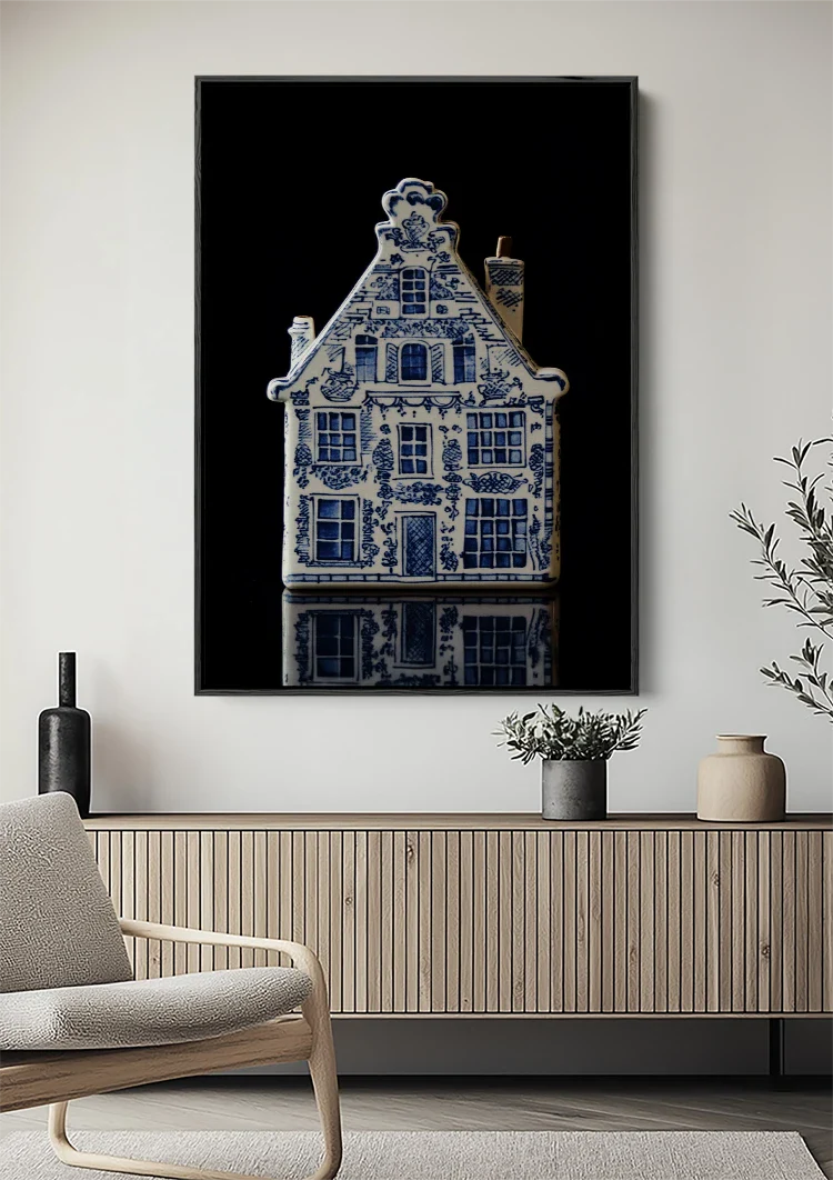 Delft Blue Canal House on Black Background Canvas Painting