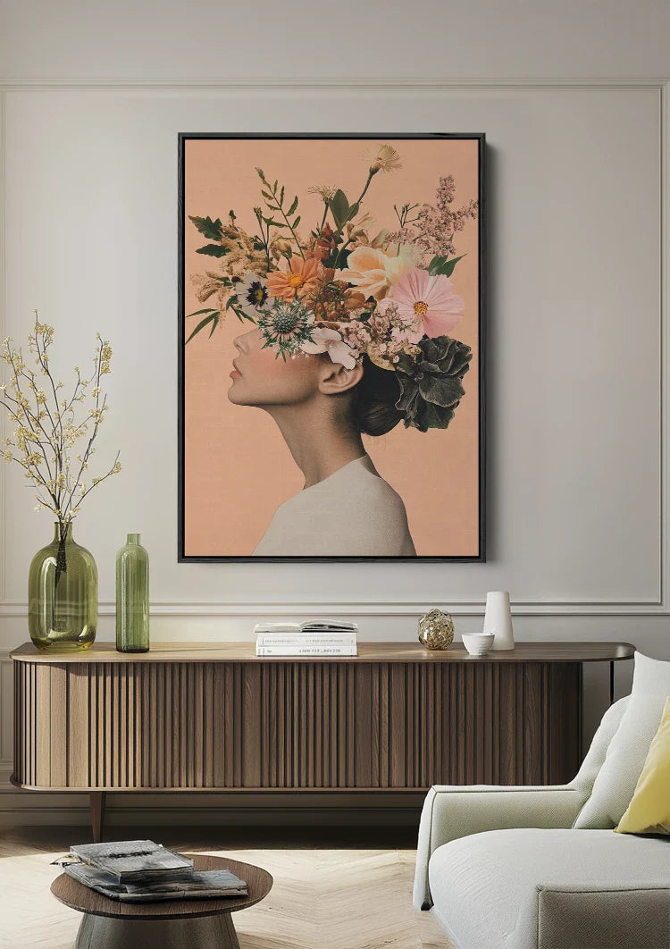 Woman Side View Lush Flowers on Head Surreal Composition Painting