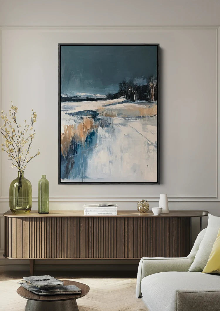 Winter Landscape Snow Dark Blue Expressionist Painting