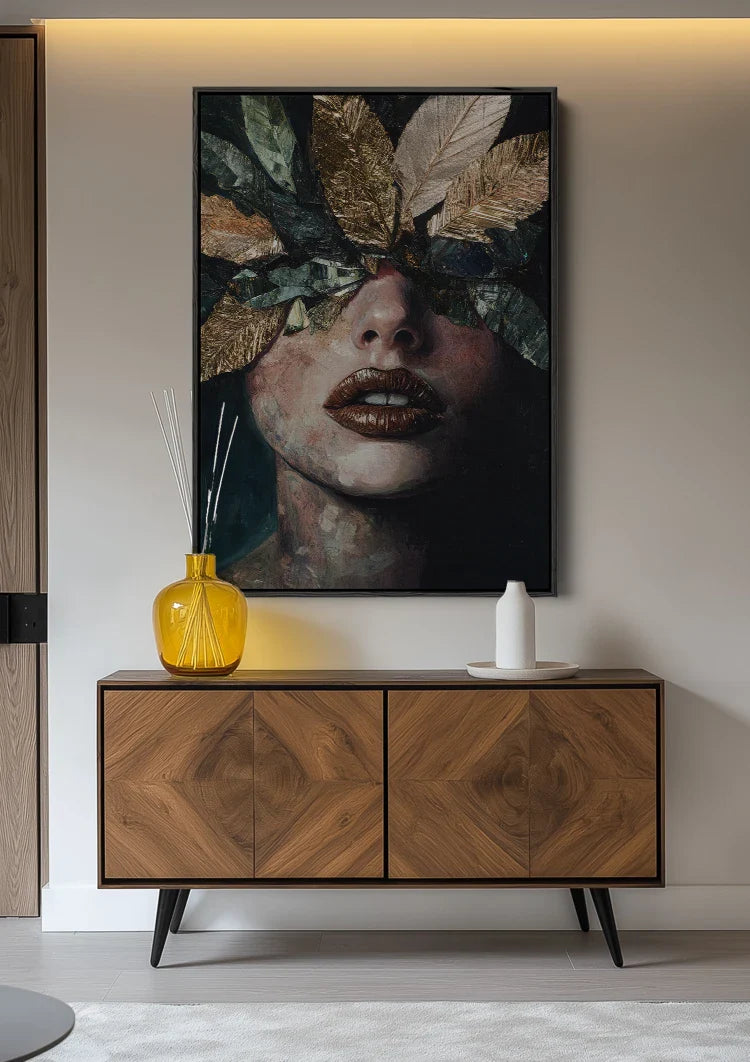 Woman with Golden Leaves Mysterious Botanical Portrait Painting