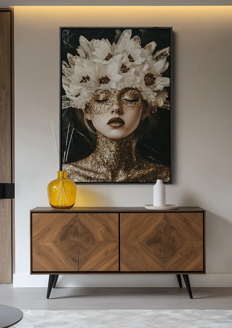 Kristallkönigin Goldmaske Weiße Blumen Porträtmalerei