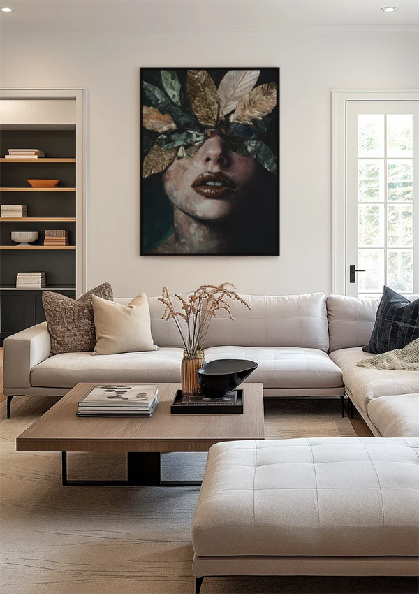 Woman with Golden Leaves Mysterious Botanical Portrait Painting