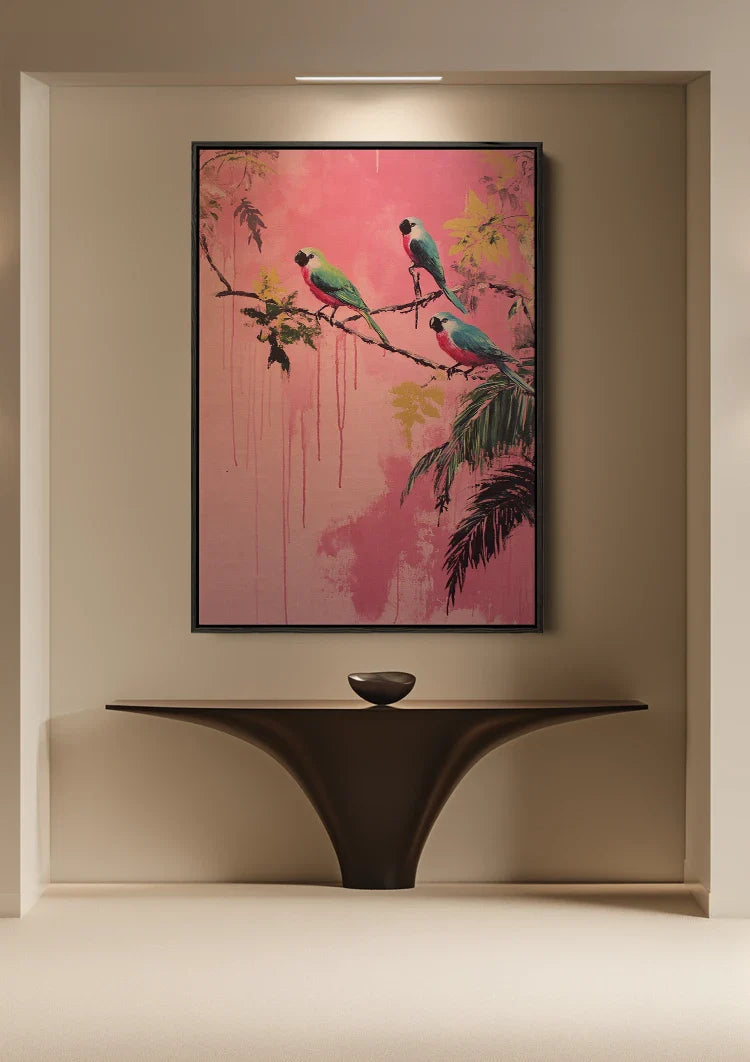Tropical Parrots Pink Background Paint Drip Nature Painting