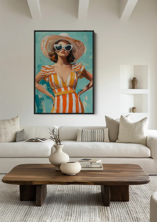 Stijlvolle Vrouw Zomerjurk Oranje Strepen Zonnebril Strohoed Zomer Canvas Schilderij