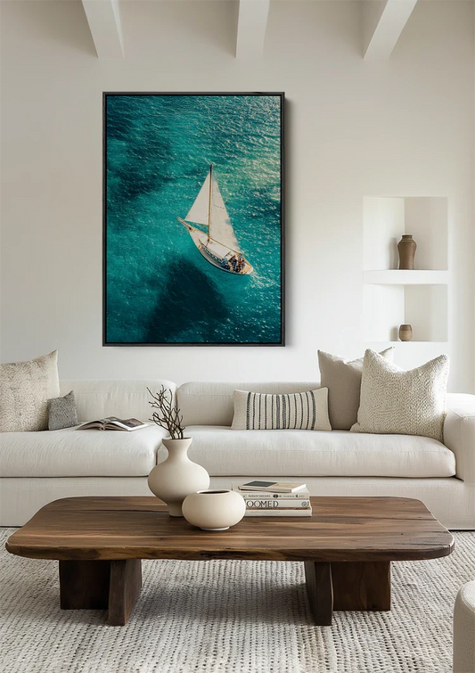 Wit Zeilboot Turquoise Zee Bovenaanzicht Zomers Zeegezicht Canvas Schilderij