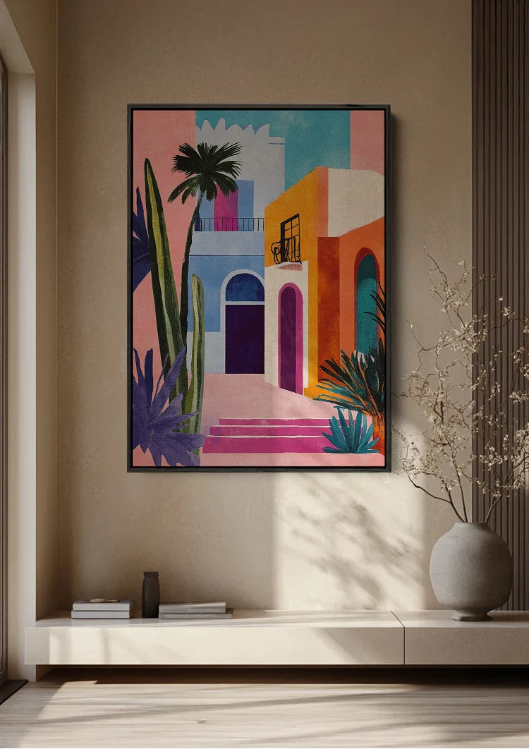 Mediterraan Pastelkleurig Straatje Palmbomen Cactus Kleurrijke Gebouwen Schilderij