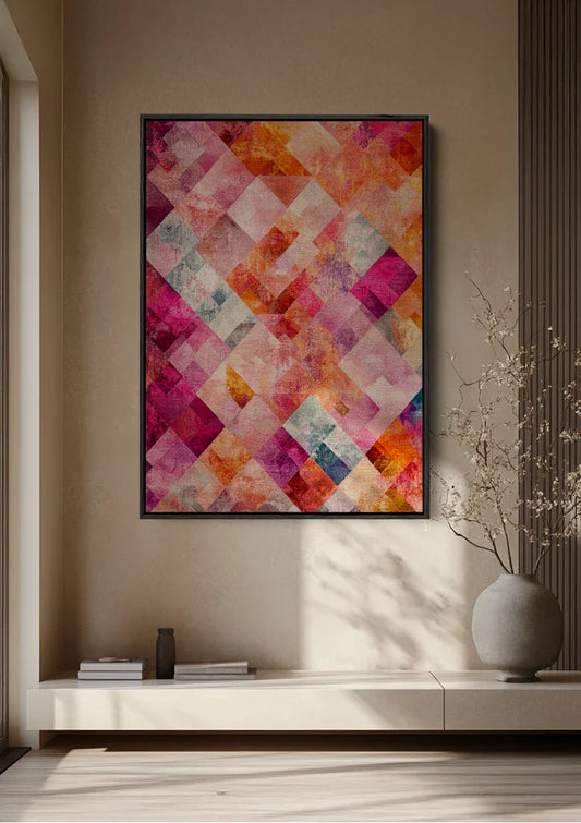 Rautenmuster Leinwandbild an der Wand über dem Bett in einem ruhigen Schlafzimmer