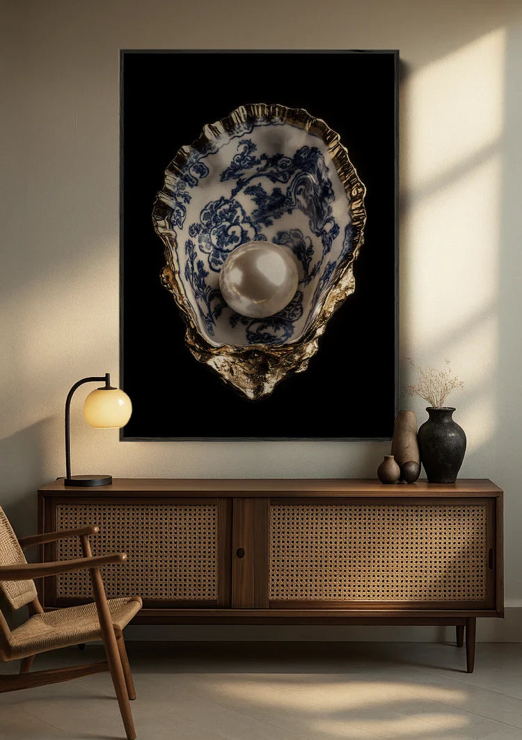 Delfts Blauw Oester Parel Gouden Rand Zwarte Achtergrond Luxe Schilderij