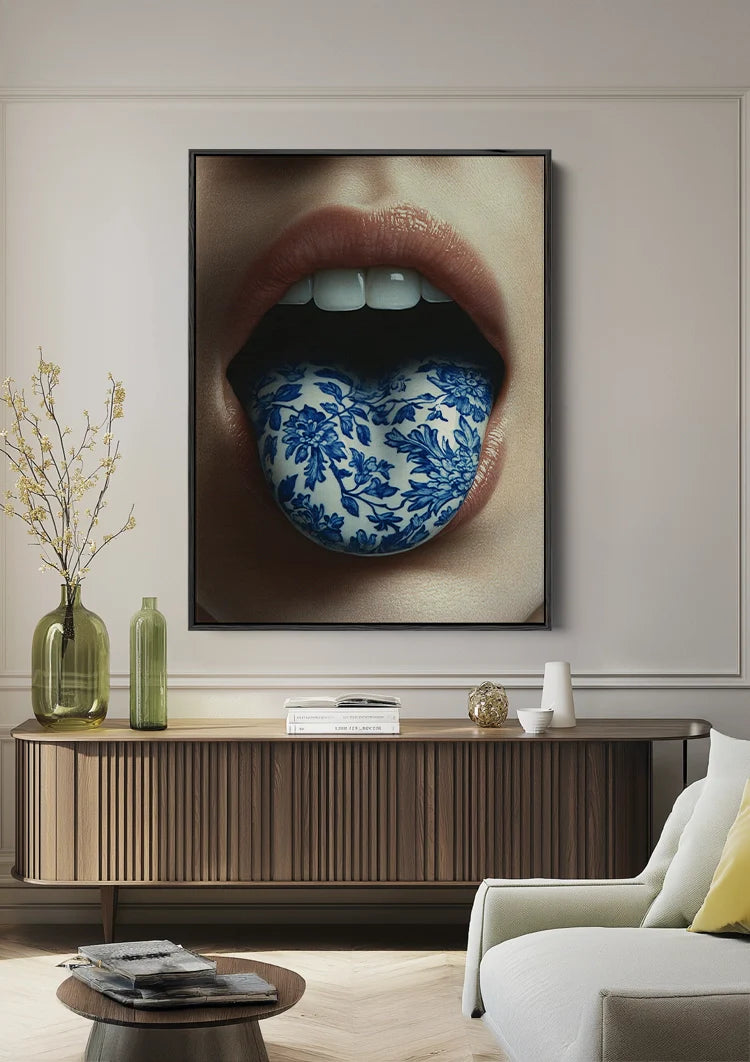 Surrealistisch Portret Lippen Delfts Blauw Porselein Tong Close Up Schilderij