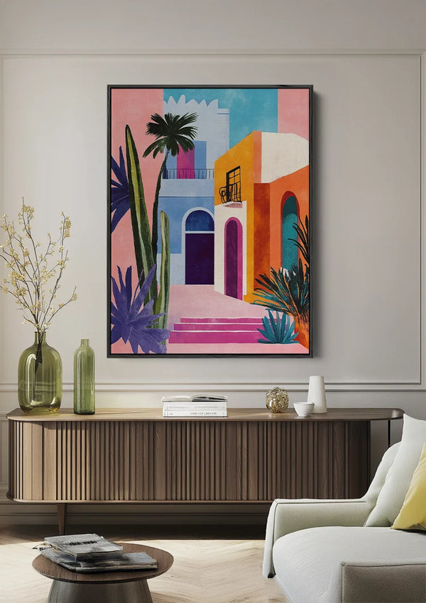 Mediterraan Pastelkleurig Straatje Palmbomen Cactus Kleurrijke Gebouwen Schilderij