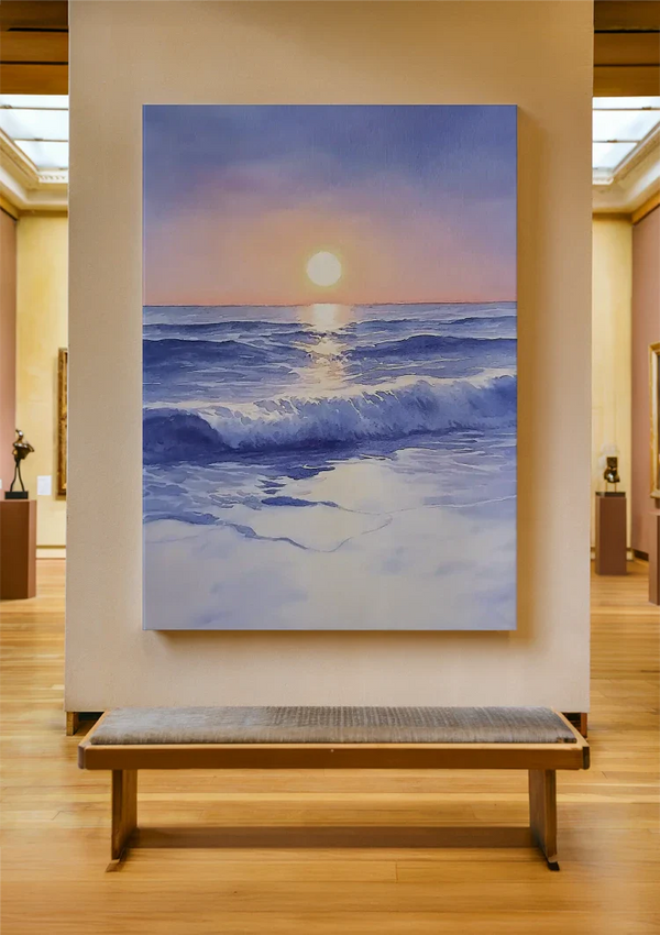 Aquarell Strand mit Wellen bei Sonnenuntergang Zarte Pastelltöne Gemälde