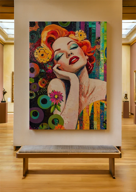 Glamoureuze Vrouw Met Rood Haar Kleurrijke Pop Art Retro Canvas Schilderij
